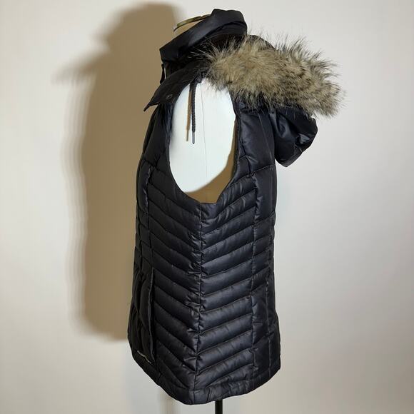 Eddie Bauer Black Faux Fur Trim Hood Goose Down Puffer Vest Womens Size Large L - Picture 3 of 12
